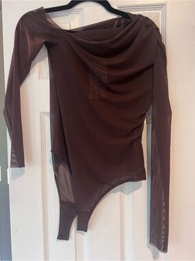 Zara Brown Asymmetric Mesh Bodysuit with Draped Neckline
